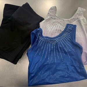 Blue and White Rhinestone Gymnastics Leotards with Black Shorts